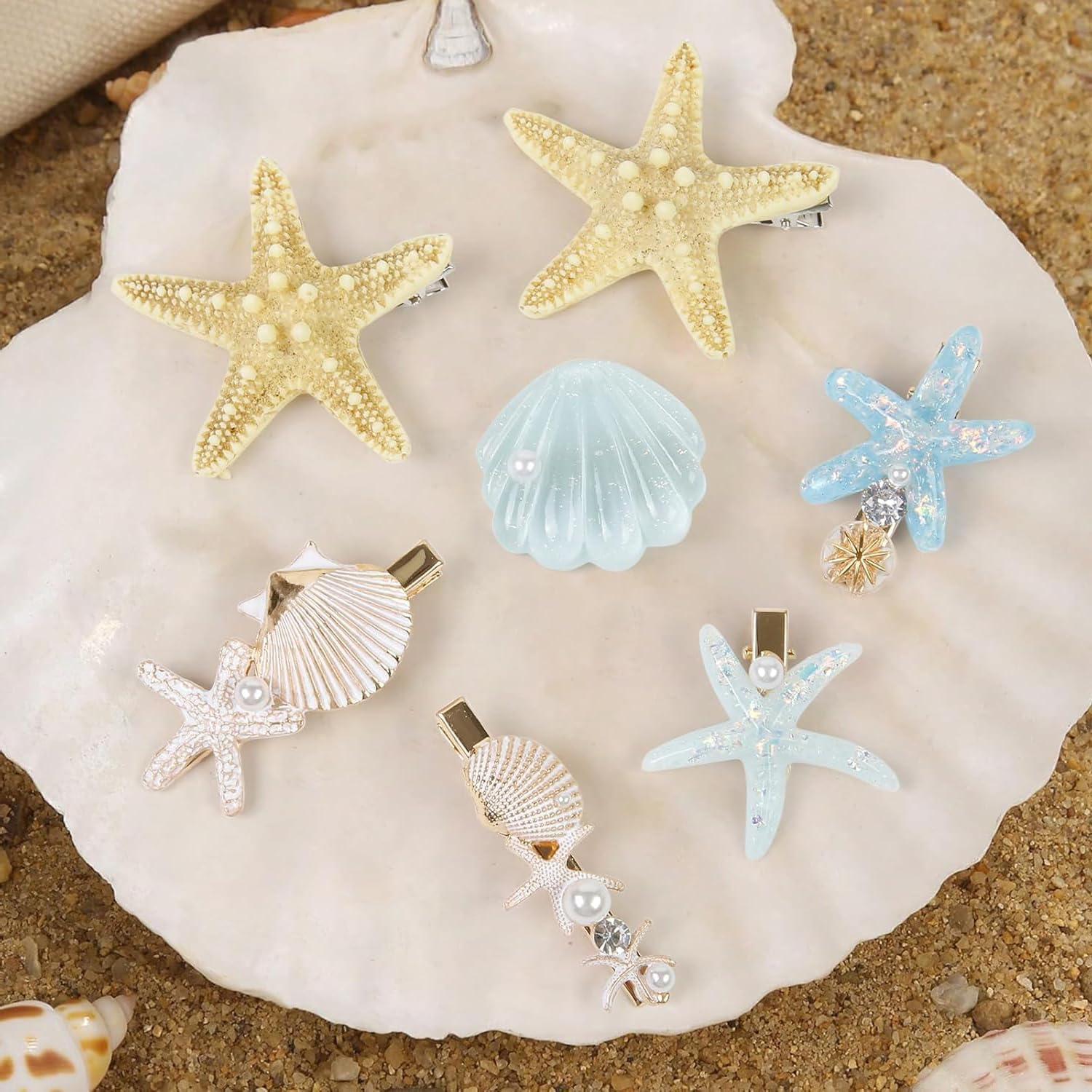 Valentine'S Day Gift Mermaid Hair Clip Set 7-Piece - Shell, Pearl & Starfish Clips Alligator Hair Clips for Women & Girls, Princess Beach Hair Accessories, Christmas Party Favours, Waterproof Resin Hairpins image number 1