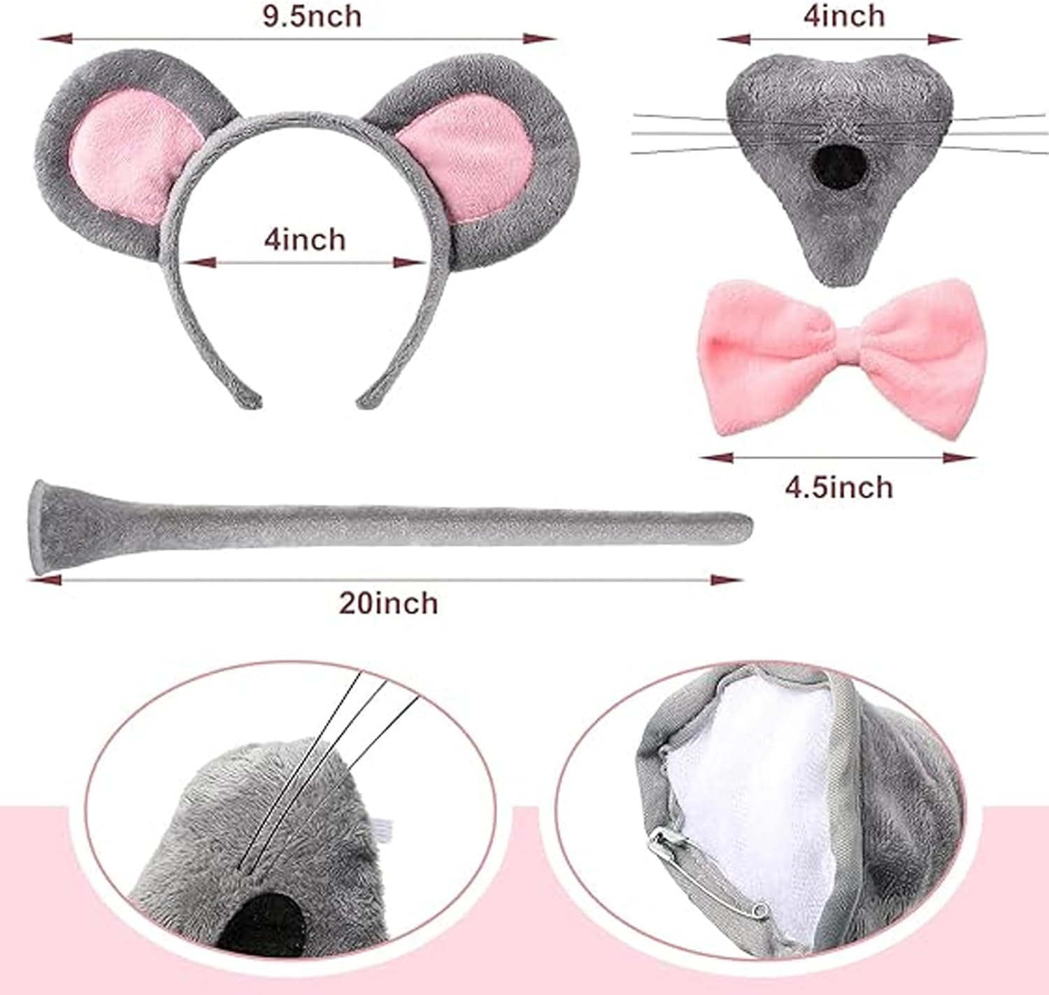 Multicolored Mouse Ears Headband & Nose & Tail Costume Set - Kids & Adult Animal Costume Accessories for Carnival, World Book Day, Halloween, Cosplay & Party