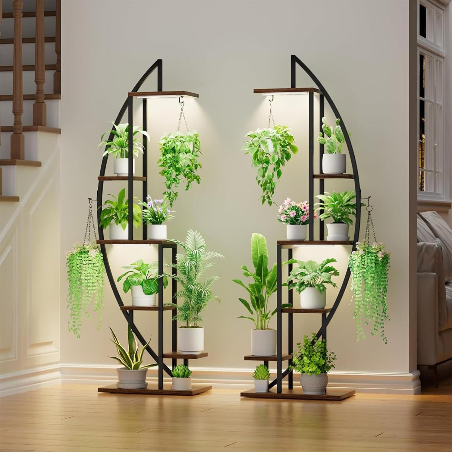 63" Plant Stand Indoor, 6-Tiered Indoor Plant Shelf with Grow Lights Can Hold a Variety of Indoor Plants, Half-Moon Plant Rack Display Shelf, Suitable for Terrace, Living Room (2 Pack) image number 6