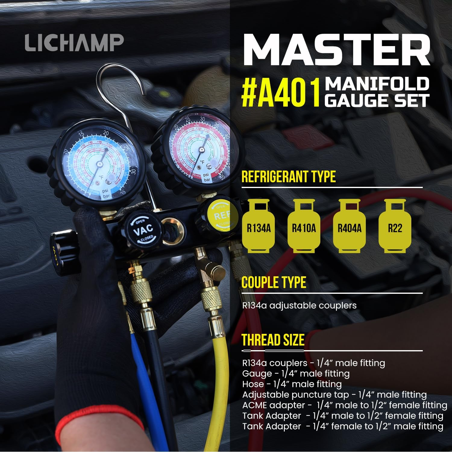 Lichamp HVAC Gauges with Hoses, AC Manifold Gauge Set R410A R134A R12 R22 Refrigerant Gauges image number 3