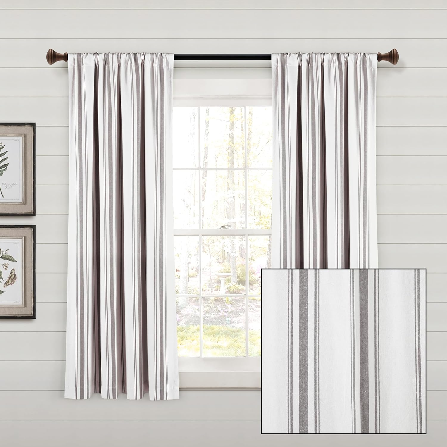 Lush Decor Farmhouse Stripe Yarn Dyed Eco-Friendly Recycled Cotton Window Curtain Panel Pair, 42" W X 63" L, Gray - Classic Modern Rustic Charm - Eco Friendly Cotton Fabric image number 2