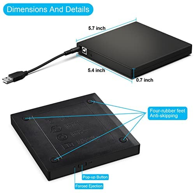 External CD DVD Drive, USB 2.0 Slim Protable External CD-RW Drive DVD-RW Burner Writer Player for Laptop Notebook PC Desktop Computer, Black image number 3