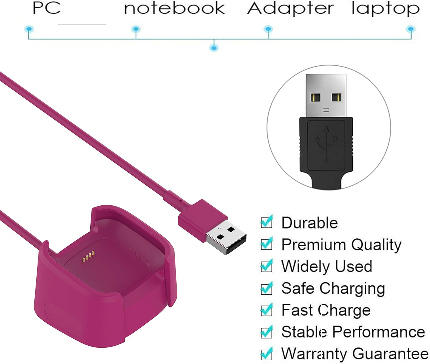 Fitturn Intended for Fitbit Versa 2 Charger Replacement USB Data Charger Dock Charging Cable Stand Intended for Versa 2 Health & Fitness Smartwatch, 3Ft Sturdy Power Cord (Purple) image number 5