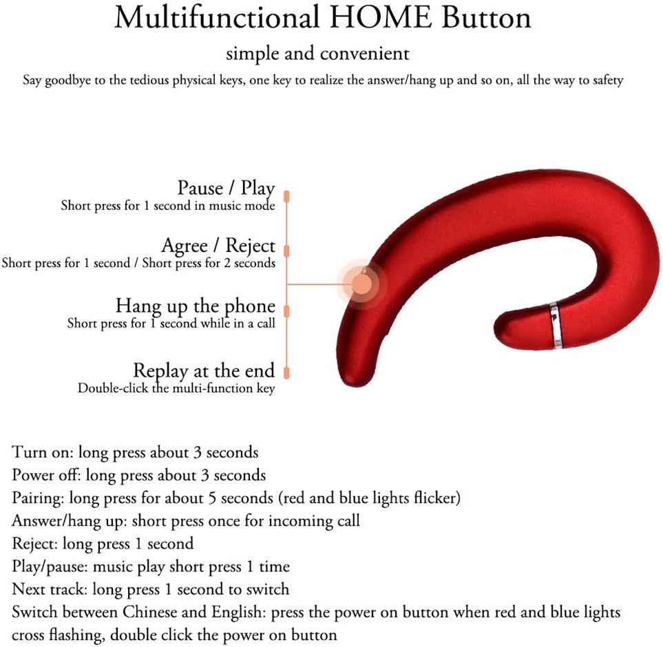 Wireless Bluetooth Headphone,Earpiece Earhook with Microphone Headset,Music Sport Earphones Noise Cancelling Painless Single Ear Earbuds for Sport Running Business Driving (Red)