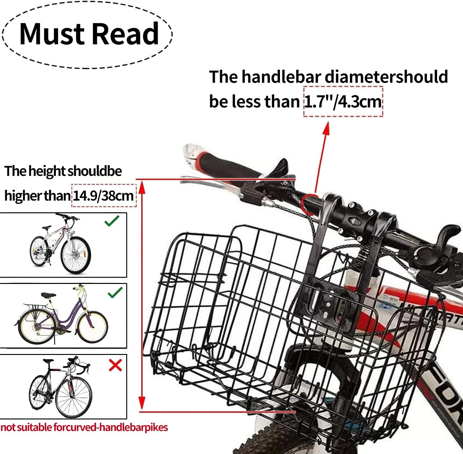 Folding Bike Front Basket, Detachable Universal Bike Basket with Handles, Rust &Water Proof Cargo Basket for Bike, Metal Bicycle Basket for Commuter Grocery Shopping Picnic, Easy Installation image number 4