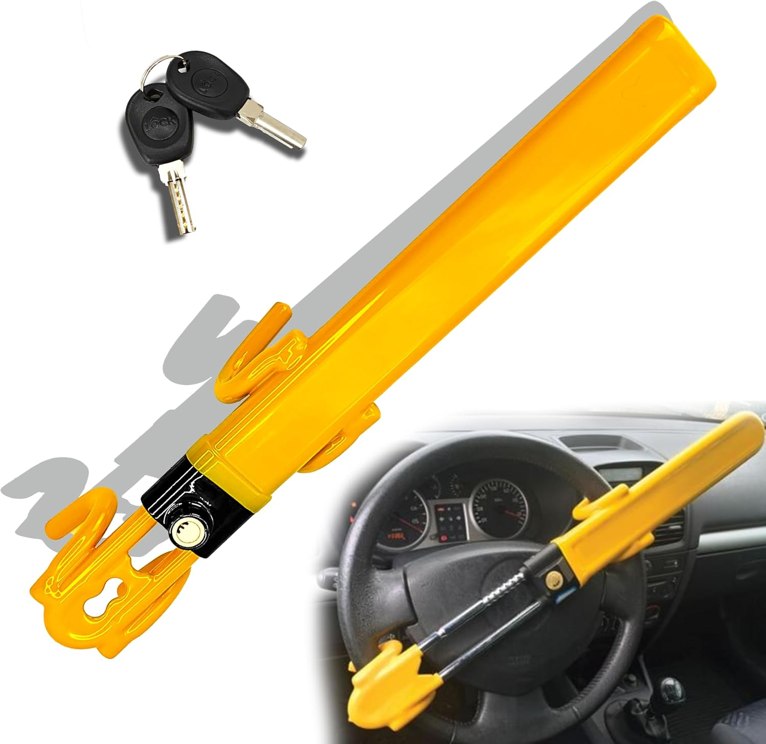 KNFRXO Steering Wheel Lock for Car Universal Adjustable Length Anti-Theft Device Car Locks Double Hook Locks for Car SUV Pickup Truck Van(Yellow) image number 1