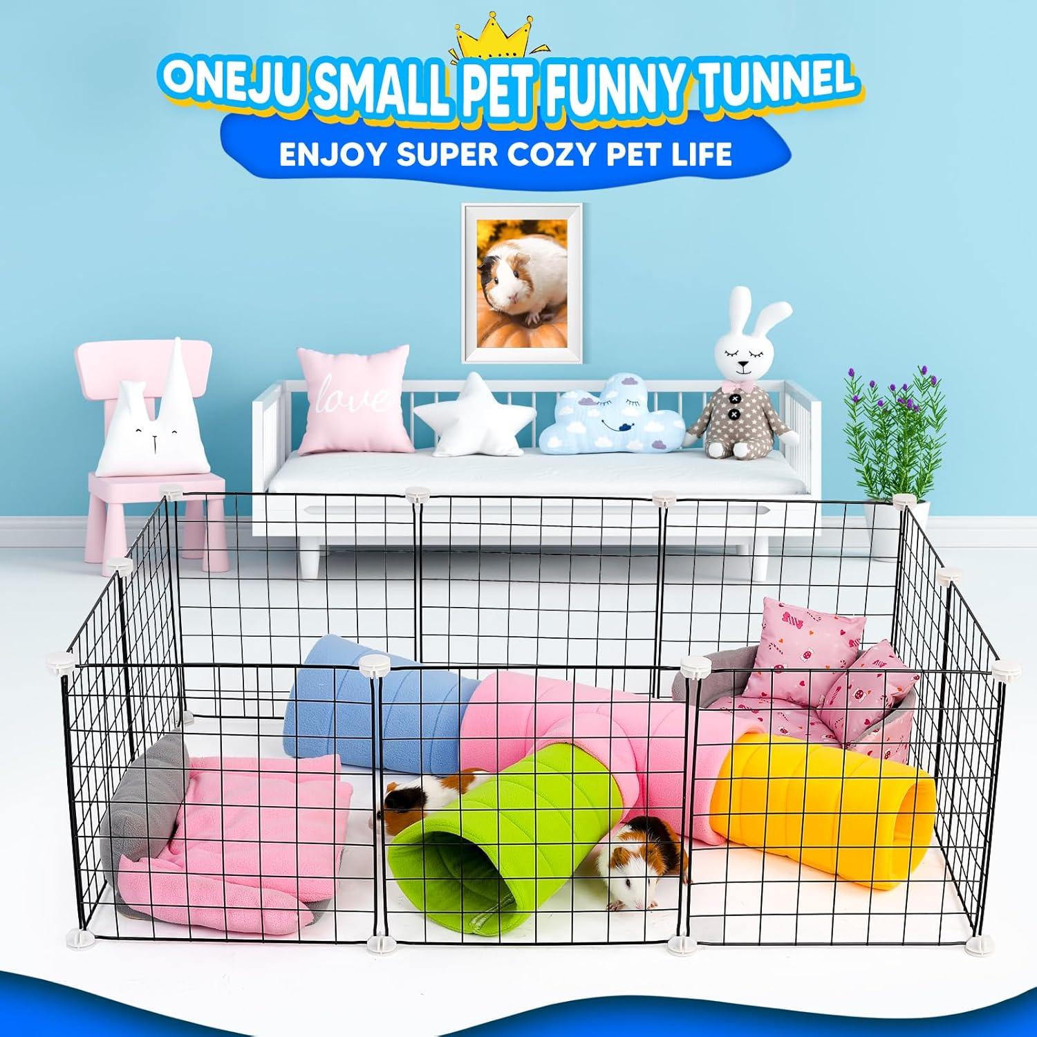 ONEJU Guinea Pig Tunnel, Four Stackable Tunnel for Guinea Pig, One Pink Guinea Pig 3-Way Tunnel and Three Different Color Guinea Pig 2-Way Play Tube, Pink, Blue, Green and Yellow image number 6