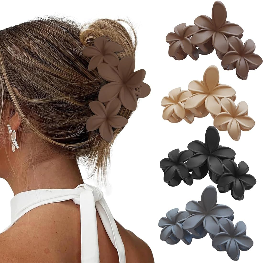XYTAHDM Pack of 4 Hair Clips with Flower Motif for Women, Preppy Flower Hair Clip, Hawaiian Plumeria Hair Clip, Hawaiian Hair Accessories for Thick Hair, Strong Hold, Non-Slip, Gifts for Women (C)