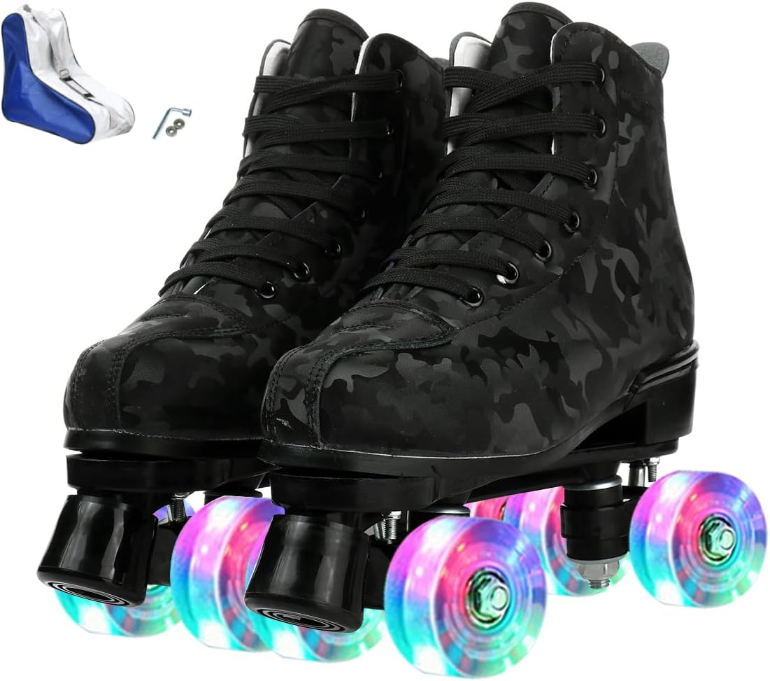 XUDREZ Roller Skates for Women Girls Light up Adult Roller Derby Skates Double Row PU Leather Skates for Youth Beginner Outdoor