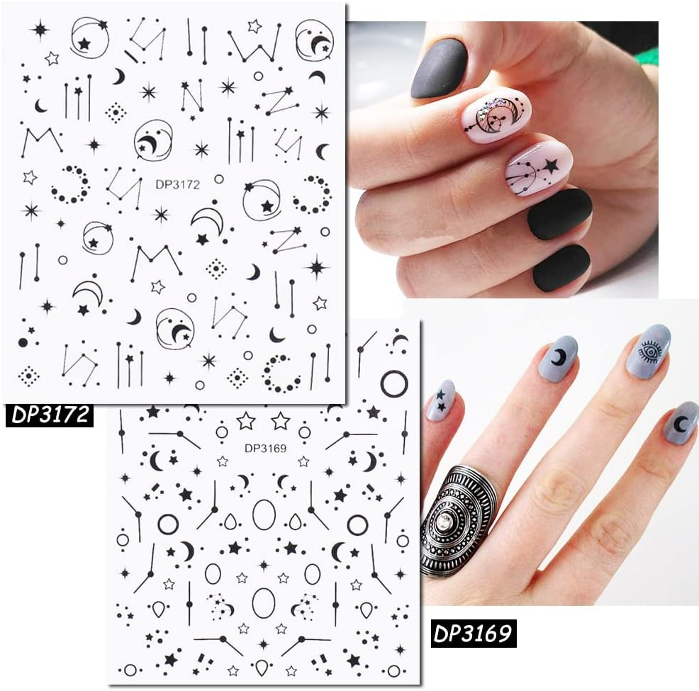 12 Sheets Black Metallic Geometric Line Nail Art Stickers Decals Self Adhesive Pegatinas Para U&ntilde;as Star Moon Love Heart Smiley Patterns DIY Design Nail Decoration for Women Girls - Black,Gold image number 7