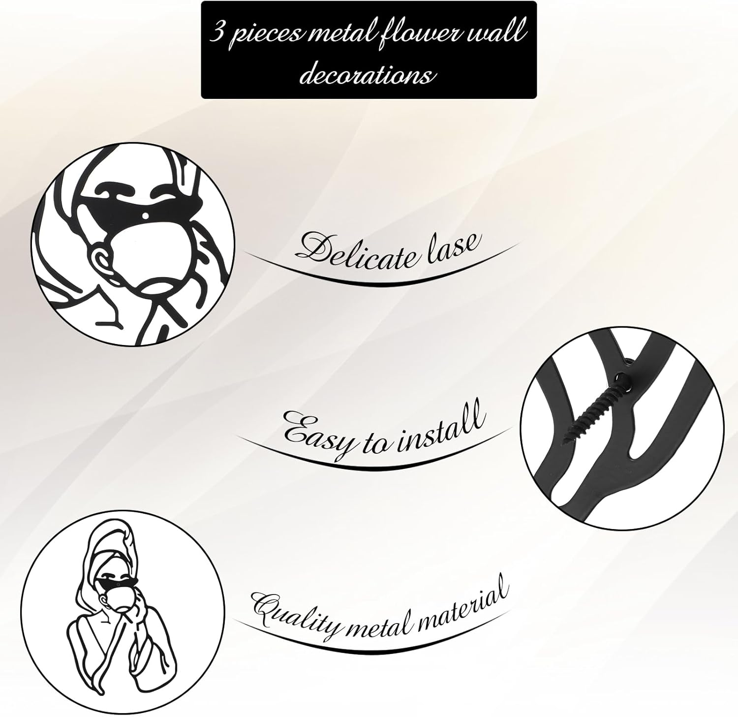 Photect 3 Pieces Metal Wall Art Decor Minimalist Abstract Woman Modern Line Drawing Female Single Home Hanging for Bedroom Kitchen Bathroom Living Room (Black, Romantic) image number 4