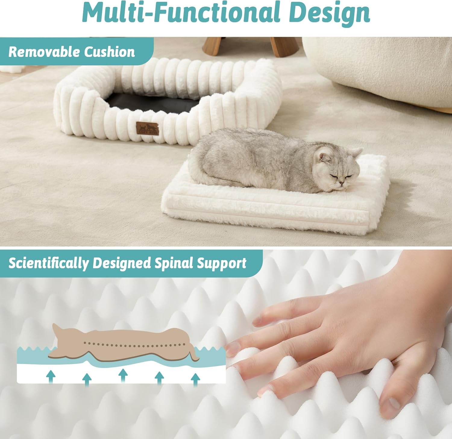 Orthopedic Dog Bed for Small Dogs & Cats - Washable Rectangle Pet Bed with Anti-Slip Bottom, Soft Calming Cat & Puppy Bed for Indoor Pets (64X53X15 Cm, Cream) image number 3