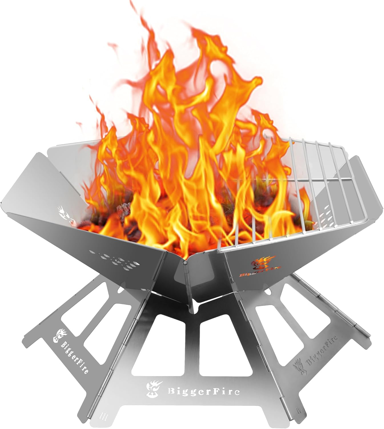 Biggerfire Stainless Steel Foldable Fire Pit with Charcoal Grill Small Size Wood Burning Grill,Portable with Carrying Bag for Patio Yard Outdoor Barbecue Camping Bonfire Lightweight 1.7Kg image number 2