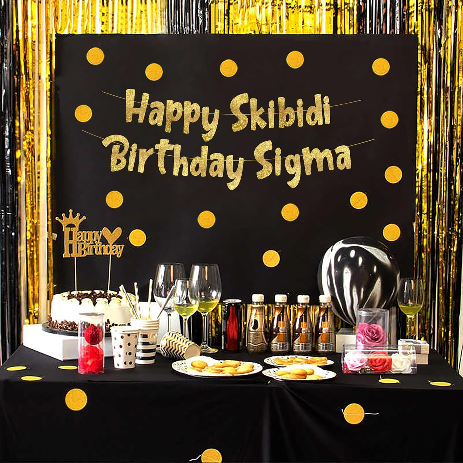 Happy Skibidi Birthday Sigma Gold Glitter Banner - Gen Z Slag - Funny Zoomer Birthday Decorations, Favors, Supplies, Ideas and Gifts image number 3