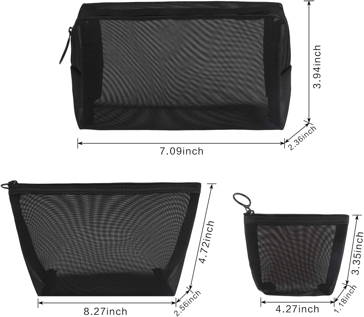 Boao 3 Piece Mesh Cosmetic Bag Mesh Makeup Bag with Zipper Pouch Travel Toiletry for Makeup Organizer Home Office Travel Accessories, Black, 3 Count (Pack of 1), Minimalist - Black image number 4