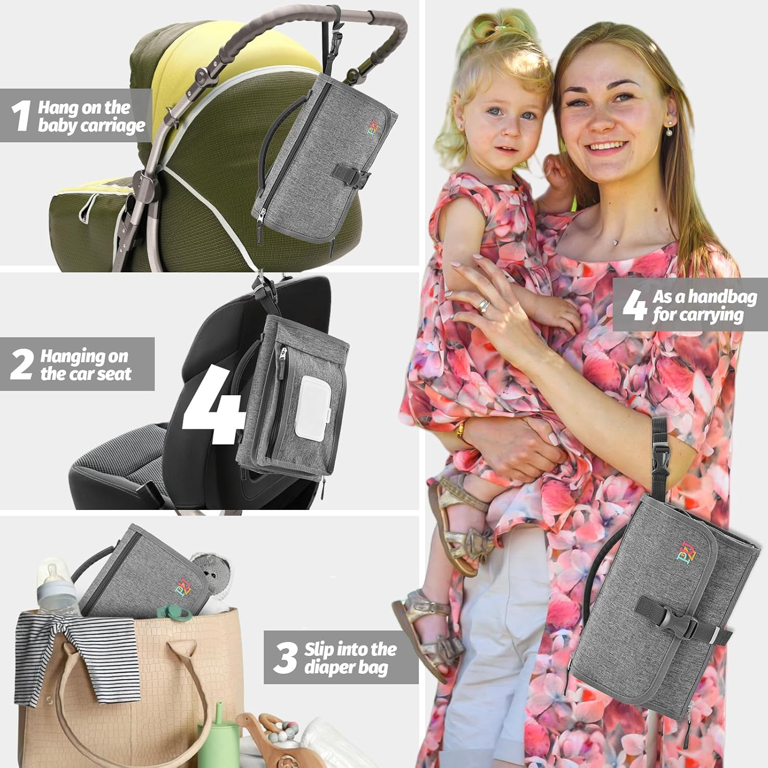 Changing Mat on the Go - Portable Changing Mat for Baby with Wipe Bag, Waterproof and Easy to Clean, Grey image number 6