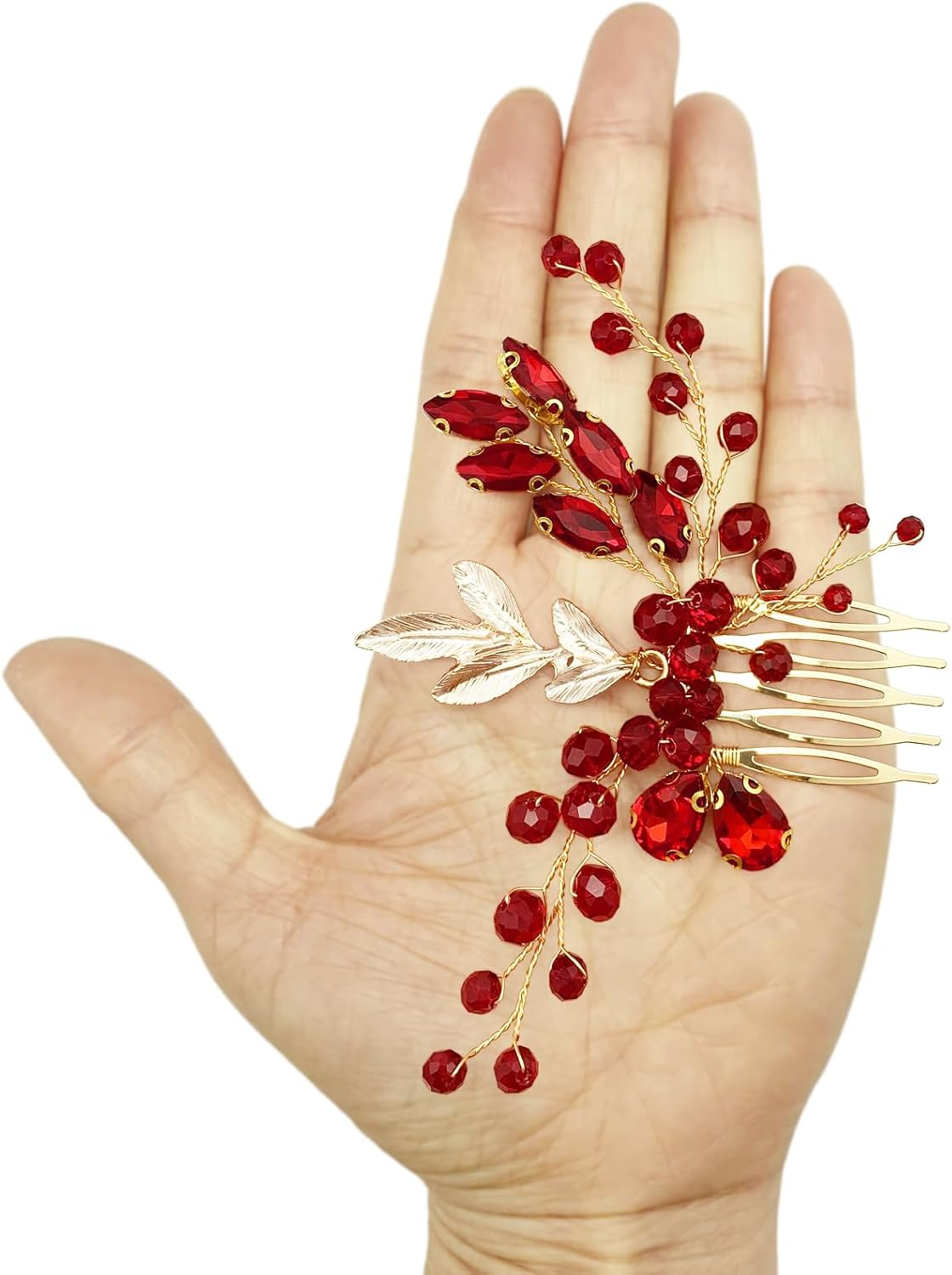 BETITETO Crystal Bridal Hair Comb Wedding Gold Vine Leaf Rhinestone Hair Piece Accessories for Women Girls (Red) - Green,Red image number 5