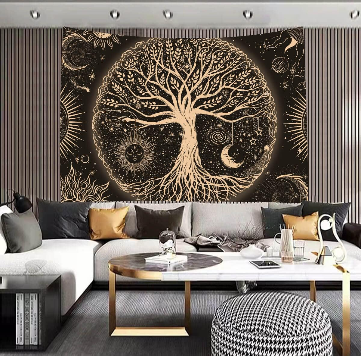 Psychedelic Astrology Tapestry Sun and Moon Wall Hanging Blanket Aesthetic Black and White Wall Tapestry for Living Room Bedroom Home Decor (53&lsquo;&rsquo;X61'', Black and Gold) image number 6