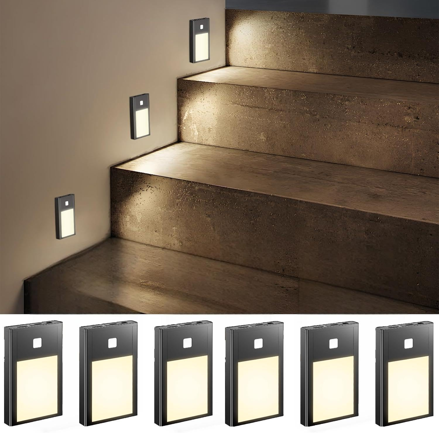 Motion Sensor Night Light Indoor, Rechargeable Magnetic Stick-On Sensor Lights with Auto/On/Off, Battery Powered for Wardrobe, Hallway, Stairs, Bedroom, Kids Room (3 Pack)