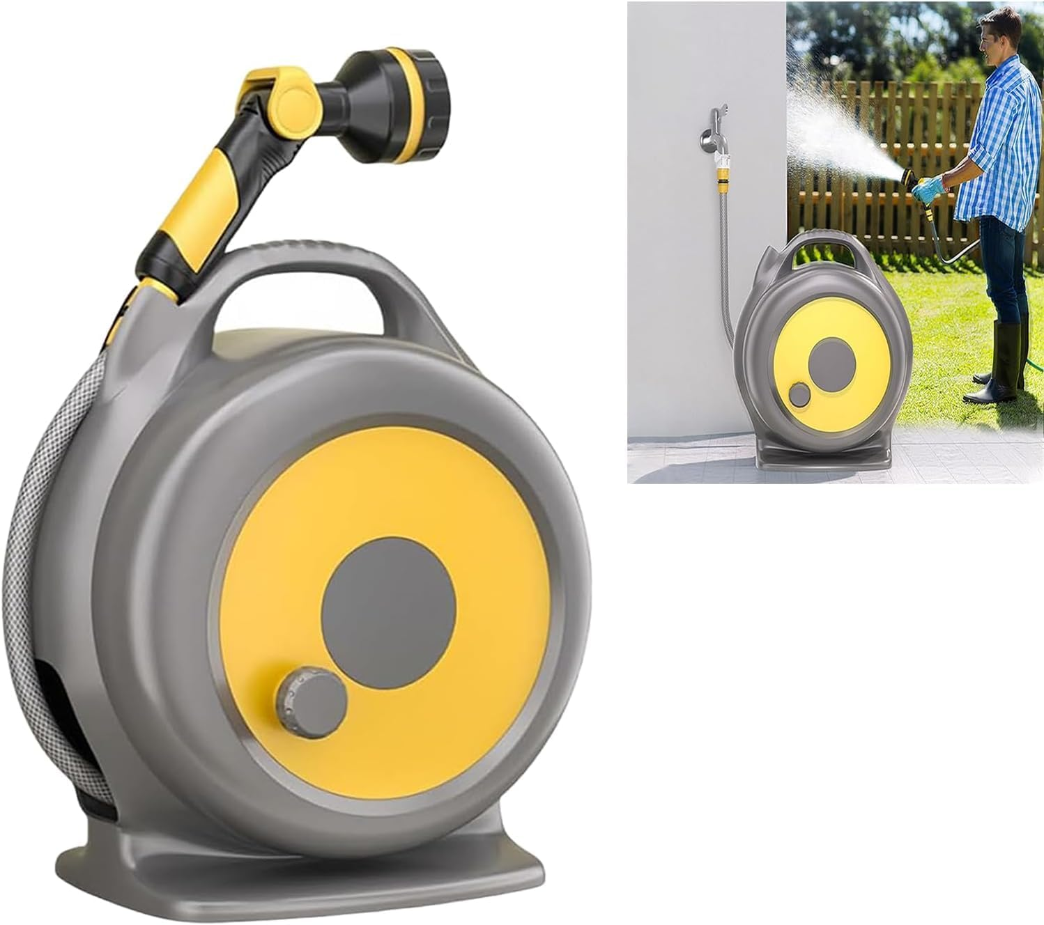 Retractable Garden Hose Reel, 20M+2M,10 Pattern Nozzle, Any Length Lock, Slow Rewind, Easy to Put Back,Wall Mounted, for Watering/Washing/Cleaning(Yellow) image number 3