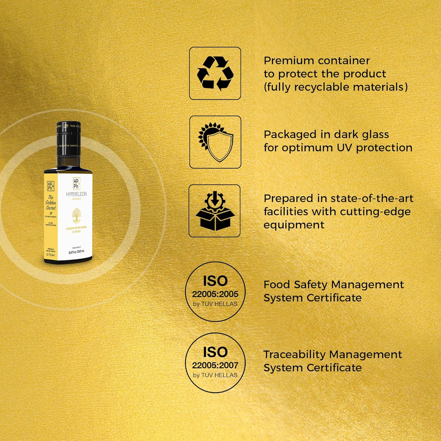 HYPERELEON Ultra Gold | Premium, Organic, Supremely Rich in Polyphenols, Greek Extra Virgin Olive 100% Pure & Natural | Bio & Unfiltered | 40 Top Global Health Awards | 260Ml (Pack of 1) image number 4