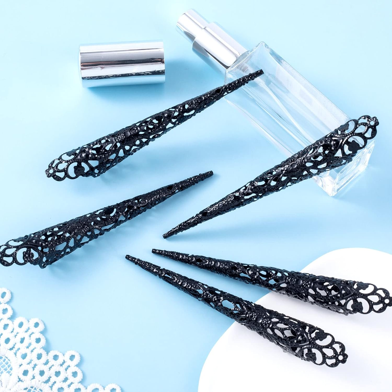 ANCIRS 10 Pack Finger Nail Tip Claw Rings, Ancient Queen Costume Fingertip Claw Nail Rings Decoration Accessory, Finger Knuckle Protectors for Halloween Cosplay Drama Dance Show- Black - Black image number 7