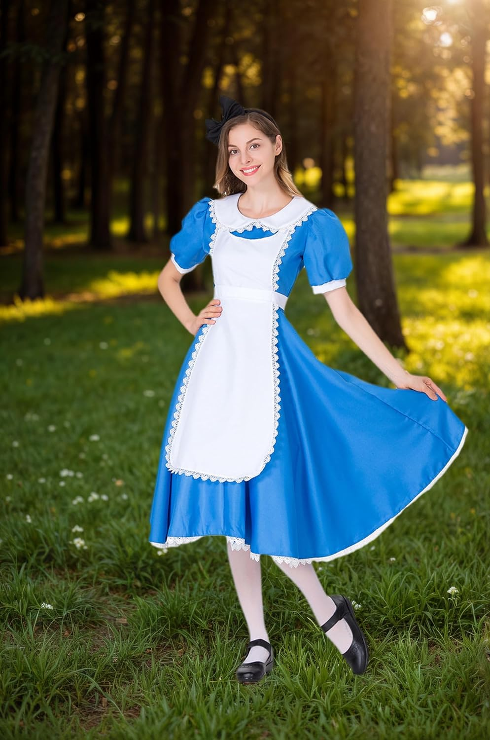 Alice Costume for Adults Halloween Women Cosplay Blue White Princess Dress with Bow Headband image number 2