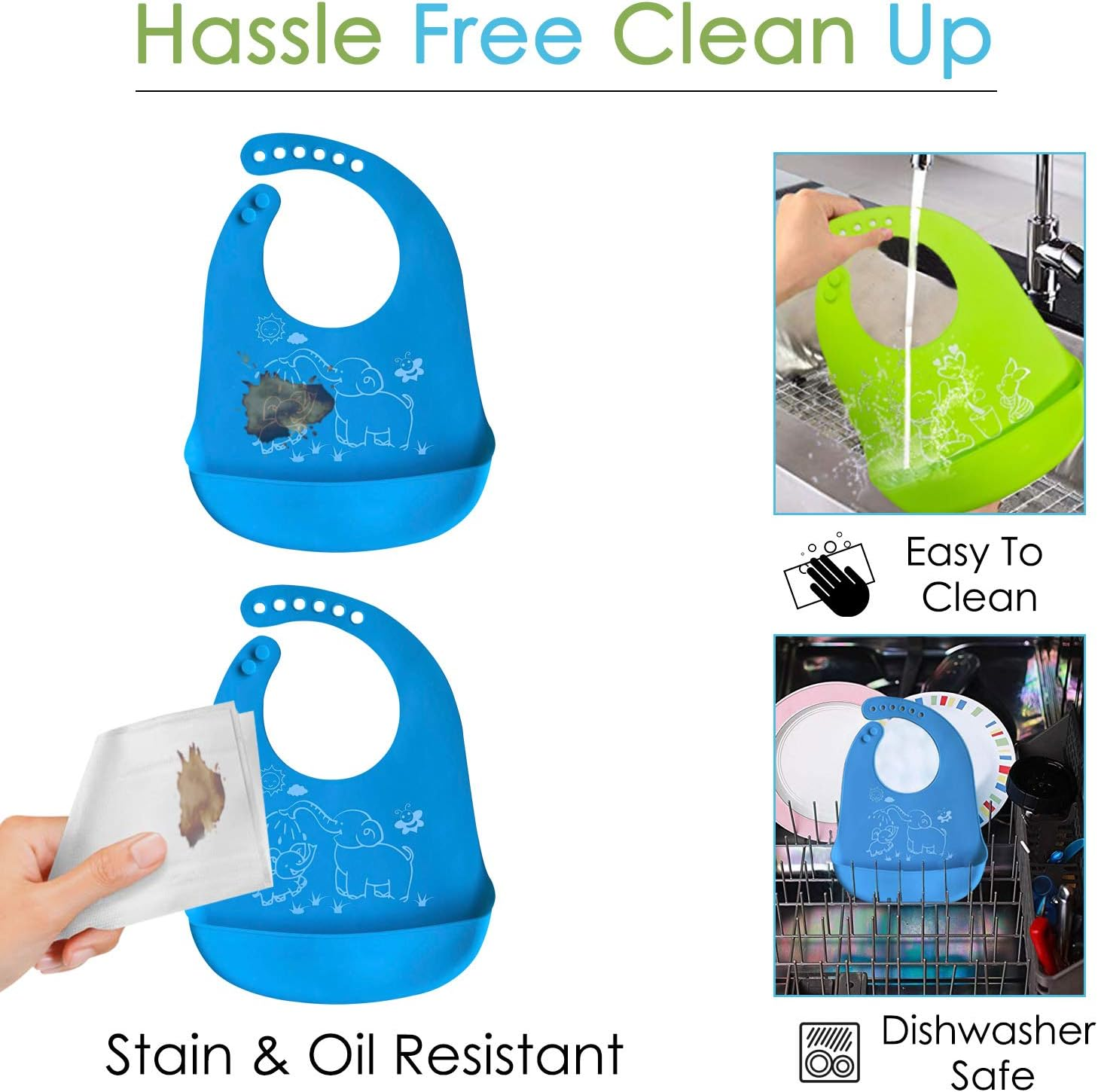 Waterproof Silicone Baby Bibs (Set of 2) with Food Catcher Pocket &ndash; BPA Free, Food Grade Feeding & Weaning Bib for Toddlers, Boys & Girls - Adjustable, Roll up Design Green & Blue image number 1