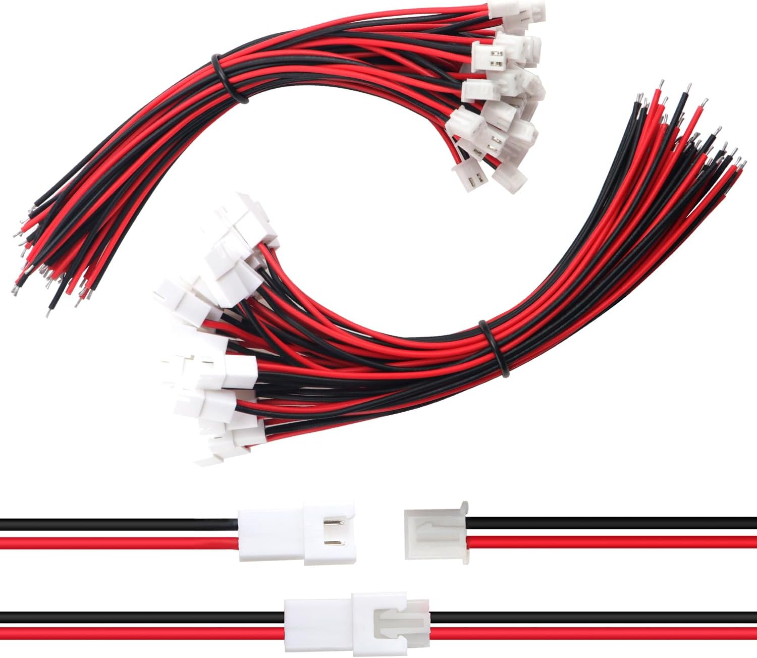 Lyeteung 50 Sets JST 2.54 XH 2 Pin Connectors, Mini Micro JST 2.54 Mm 2-Pin Male with 150 Mm 22AWG Cable & Female (Black Red)