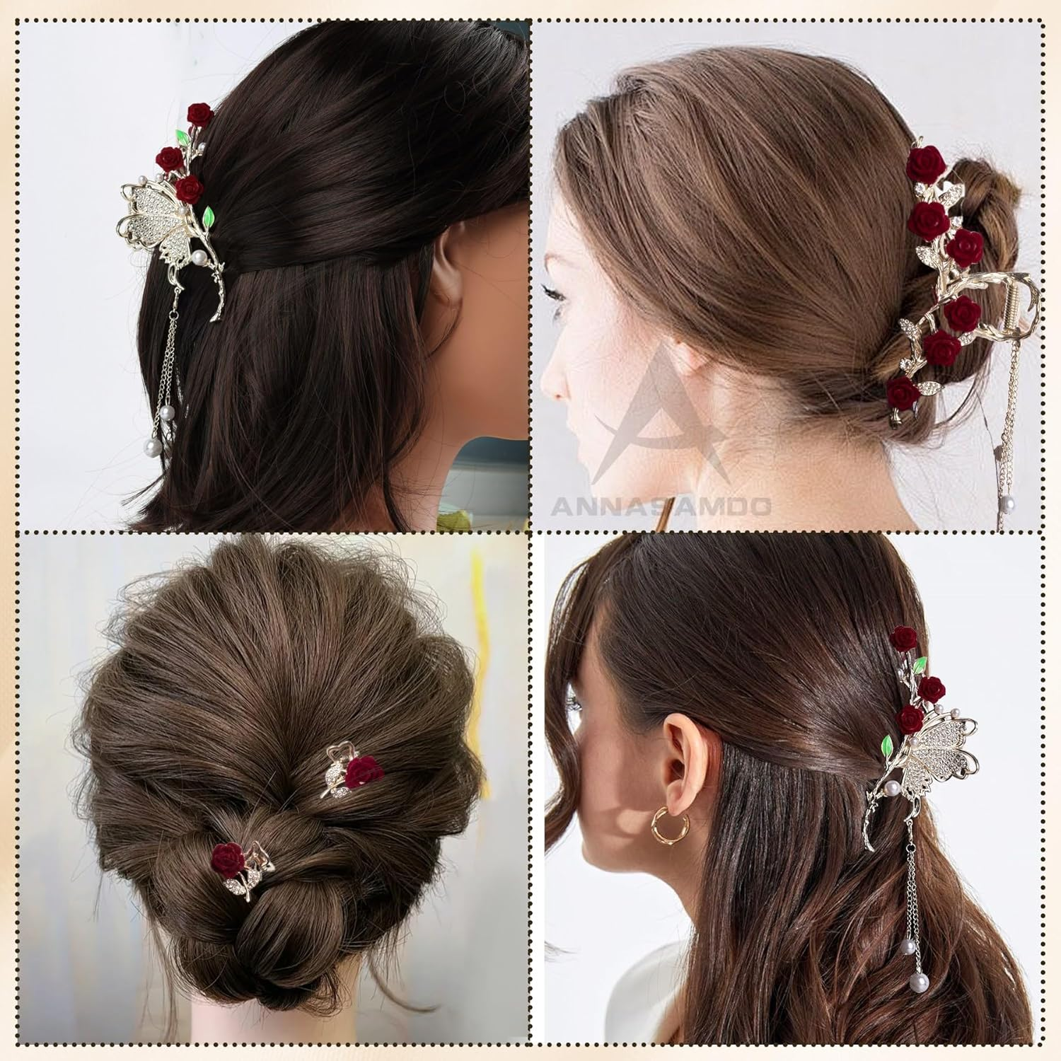 ANNASAMDO Pack of 4 Rose Flower Hair Clips Butterfly Large and Small with Tassel for Women Accessories image number 5