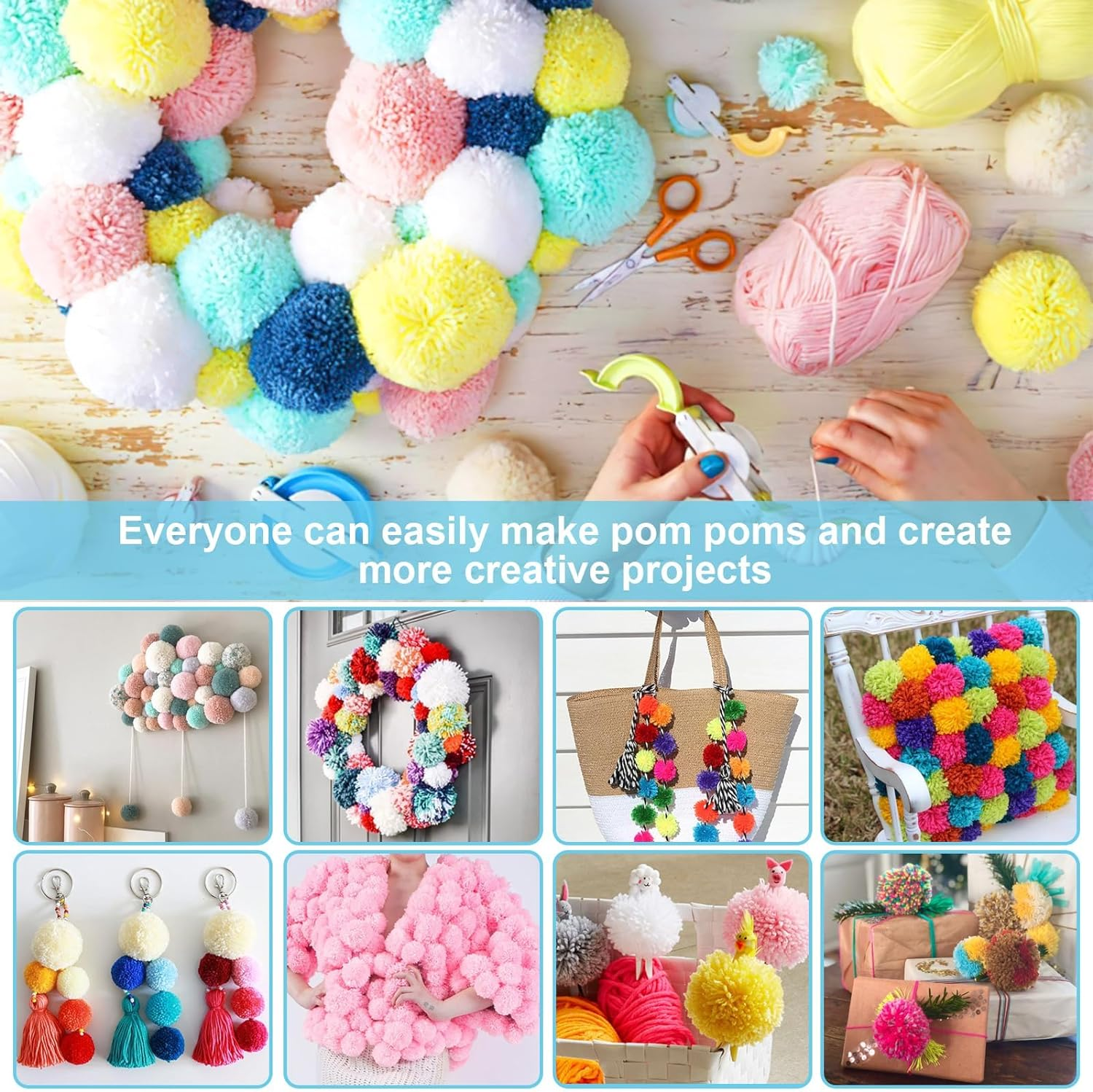DIY Pompom Maker Kit, 4 Different Sizes Weaver Needle Craft Knitting Wool Plastic Tool Kit with Sewing Scissors, 4 Pcs Pom Pom Makers for DIY Knitting Craft, Pom Pom Knitting image number 4