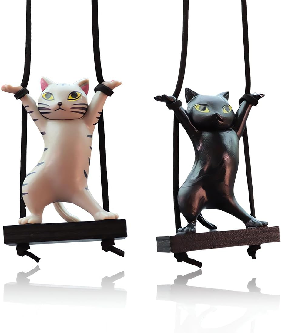 Swing Cat Car Interior Decoration, Pack of 2 Car Accessories for Hanging, Car Mirror Hanging, Bobble Head Figure, Car Decoration, for Car Mirrors, for Men and Women, Black, Grey image number 1