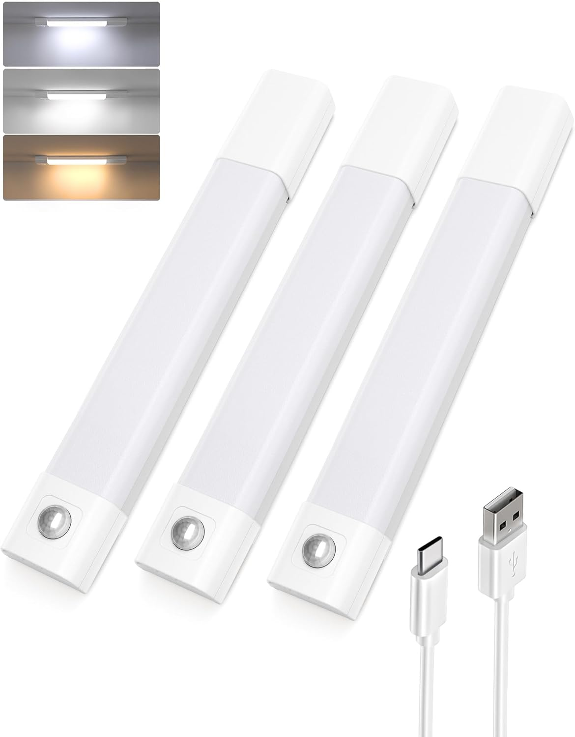 EZVALO 3 Pack 7&rdquo; Motion Sensor Light Indoor, Wireless under Cabinet Lighting, 30 LED Rechargeable Closet Lights, Dimmable, 3 Color Temperatures, Counter Lights for Wardrobe, Pantry, Bedroom, Kitchen image number 1