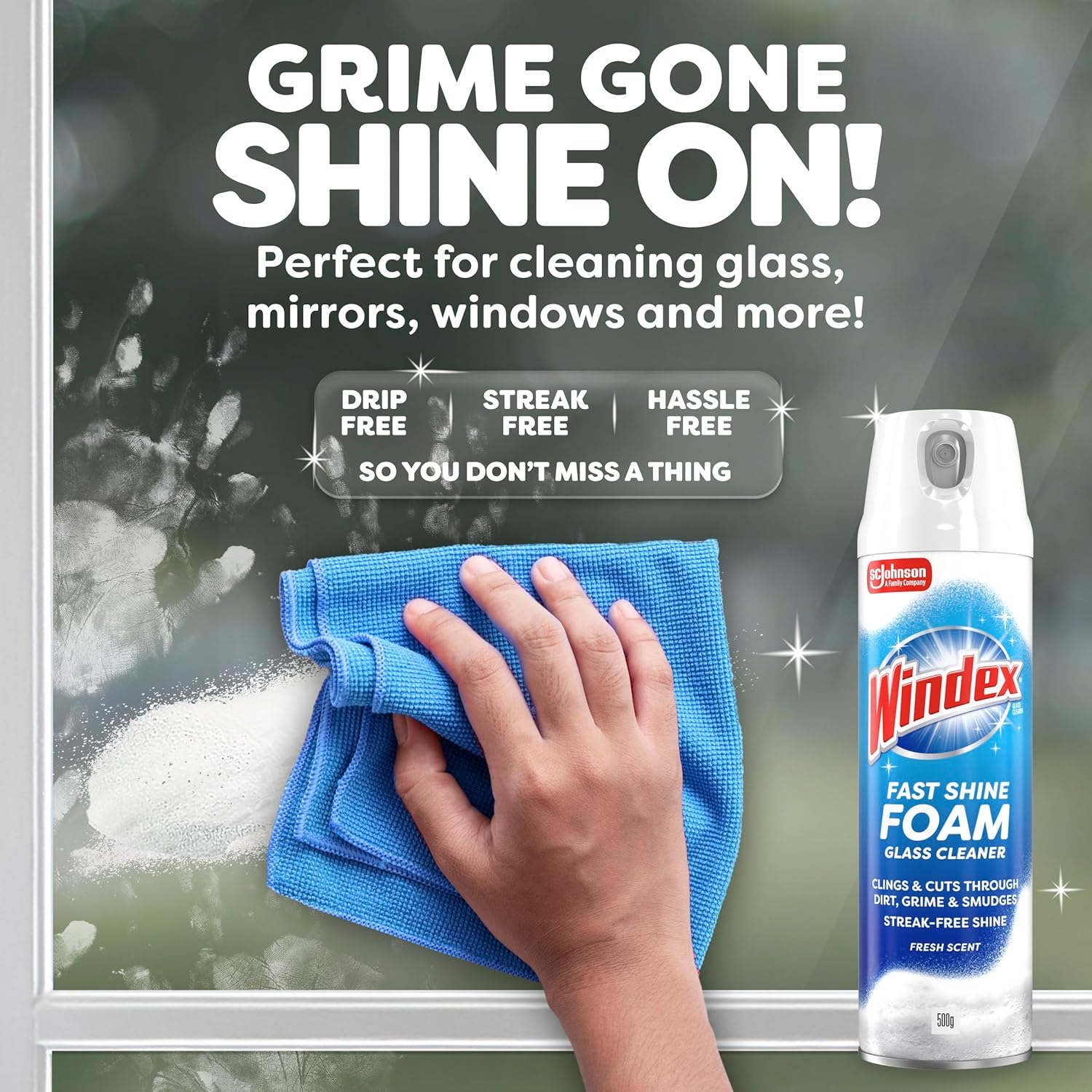 Windex Fast Shine Foam Glass Cleaner 500G &ndash; Clings & Cuts through Dirt, Grime & Smudges, Streak-Free Shine on Numerous Hard Surfaces around the Home image number 3