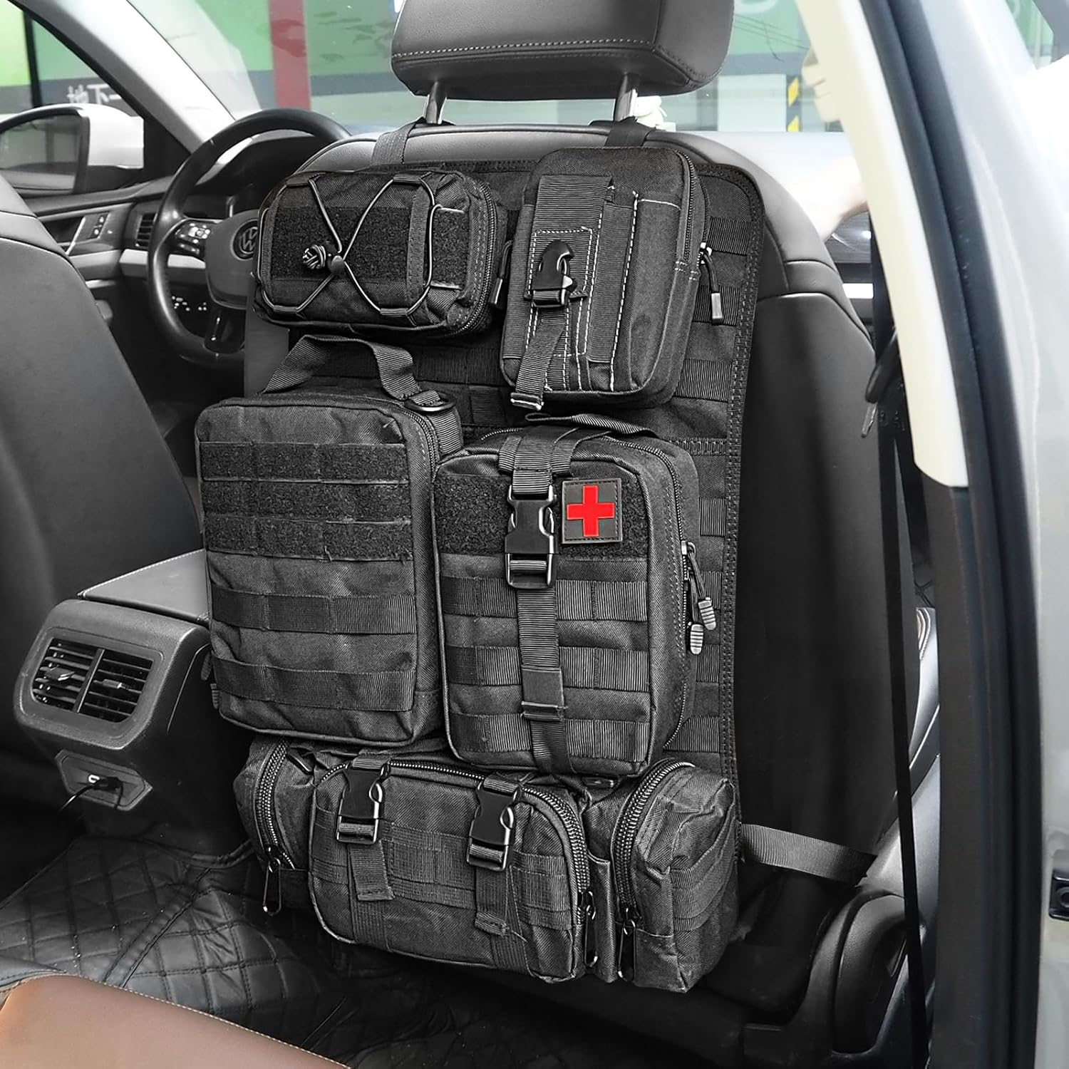 Universal Car Seat Back Organizer Bag, Tactical Car Seat Organizer Detachable Multifunction Back Seat Storage Bag for All Vehicel, Oxford Cloth Storage Bag with 5 Molle Pouches for Outdoor Camping