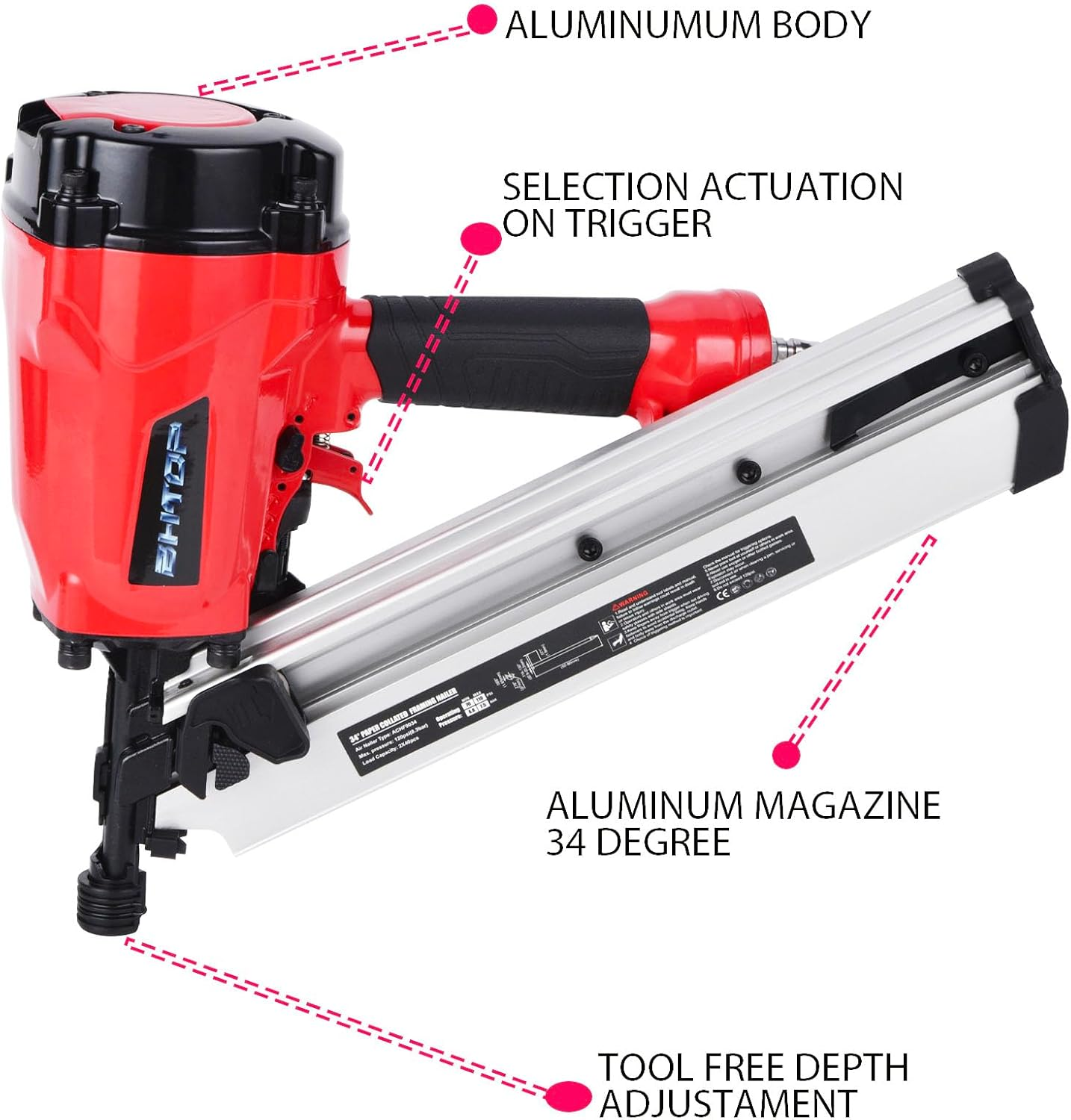 BHTOP 9034 Framing Nailer 34 Degree 3-1/2" with Depth Adjustment Professional Air Nail Gun image number 1