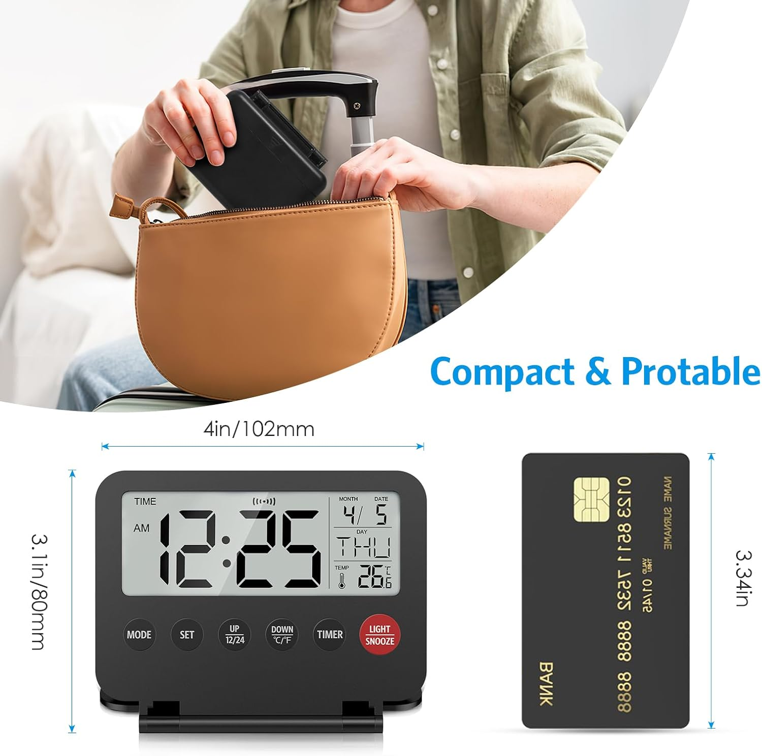 AMIR Digital Travel Alarm Clock, Foldable Calendar Temperature Timer Clock with LCD Display, Snooze, 12/24H, Countdown Function, Battery Operated Desk Clock for Travel, Home, Office, Bedroom, Black image number 4