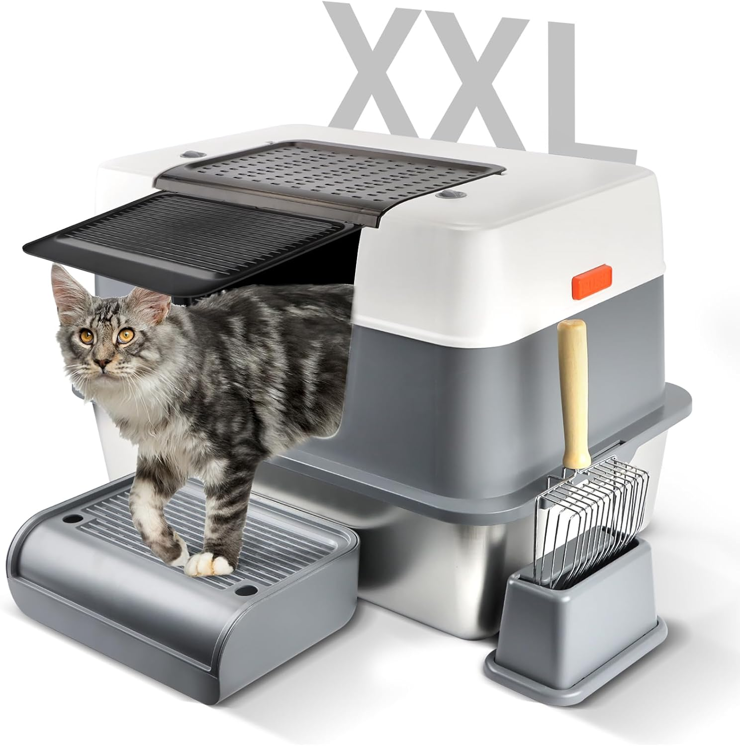Cat Litter Box with Lid, XXL Stainless Steel Litter Box for Big Cats 3 Layer Removable Litter Box with Lid & Scoop&Pedal, Non-Sticky, Non-Odor, Easy Cleaning, Light Grey image number 1