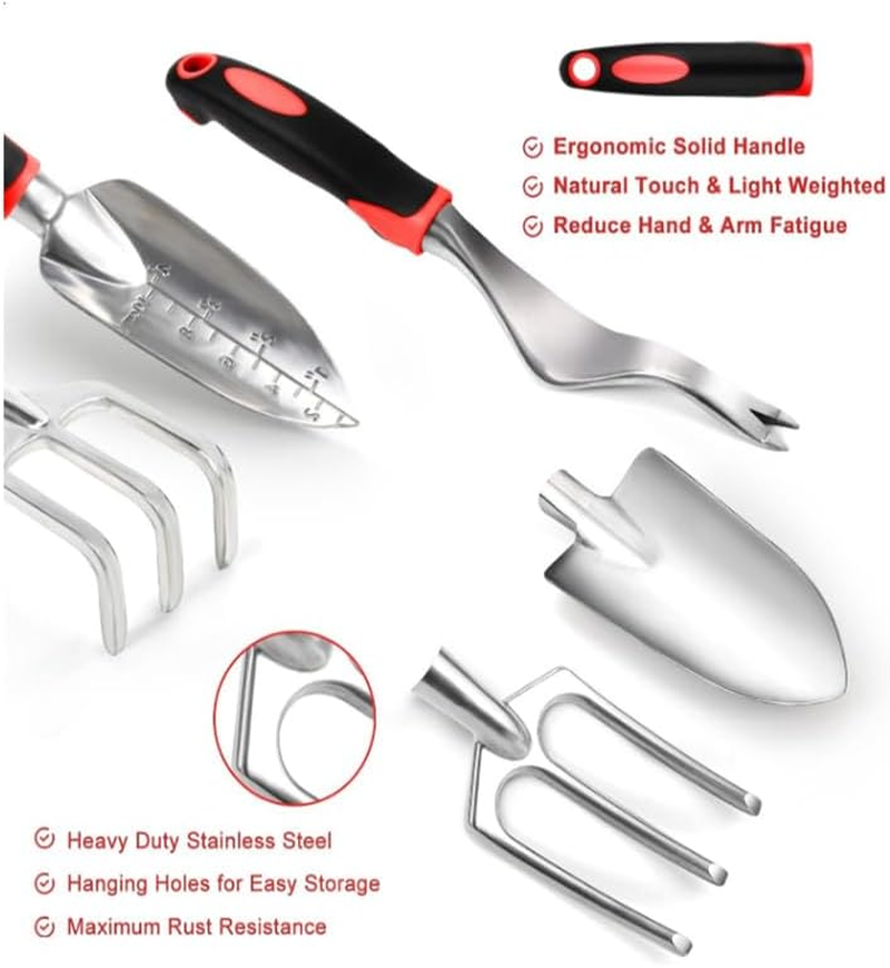 8 Piece Stainless Steel Gardening Tool Sets,Heavy Duty Outdoor Hand Tools Garden Tool Set with Non Slip Rubber Grip,Uprooting Weeding Tool, Gifts for Women Men (Red) image number 5
