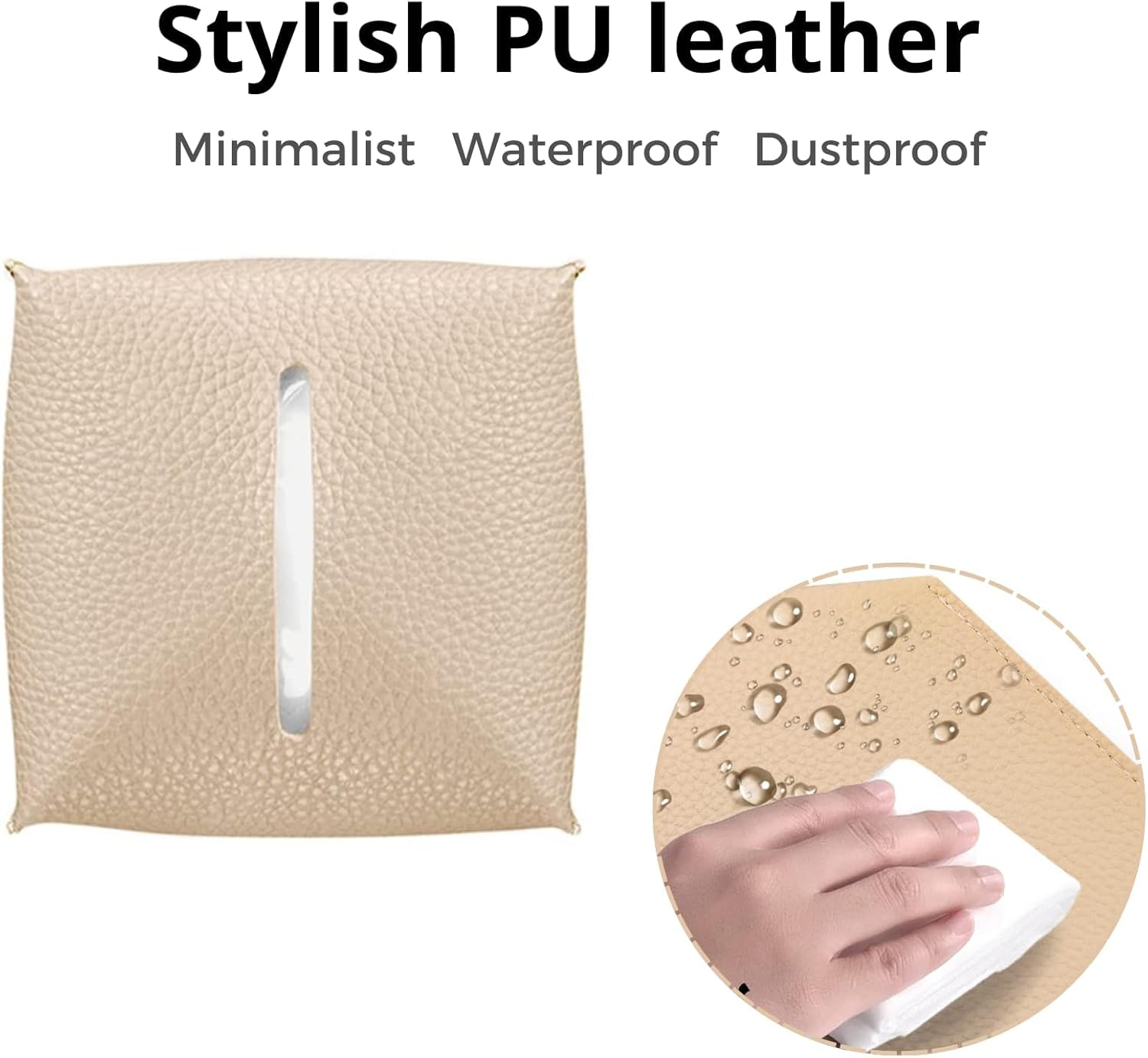 Tissue Box Cover Holder, Square PU Leather Decorative Tissue Box Organizer for Tabletop, Bathroom, Car & Office &ndash; Stylish Tissue Box Holder with Bottom Belt for Modern Home & Office Decor (Beige) - Black image number 7