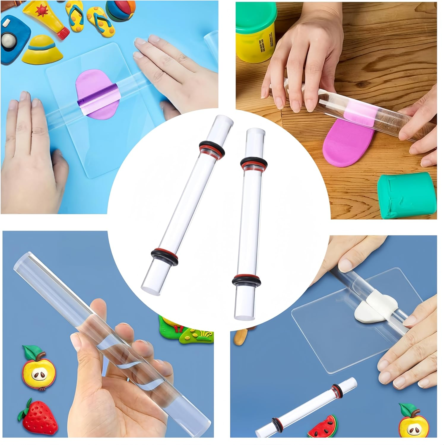 Ai-Oumleef Acrylic Rod Clay Rolling Pin,2Pcs Clear Clay Rolling Pin, Polymer Clay Roller Tools with Thickness Rings Kit Pottery Clear Slab Roller Accessories Supplies image number 1