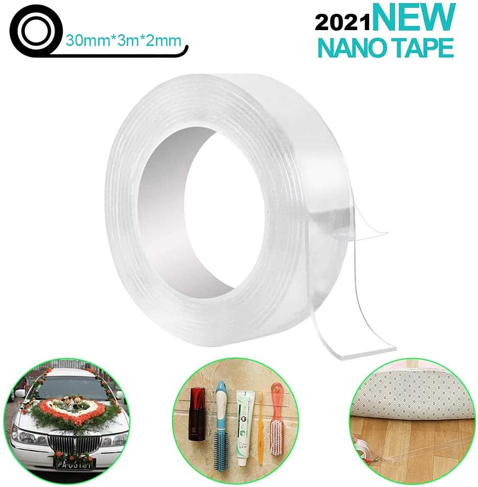 Nano Tape Roll Double Sided Adhesive Tape 30Mm*3M*2Mm Traceless Washable Nano Tape Stick Grip Gel Reusable Nano Gel Pads for Fixing Car Windowshield Glass Carpet Mats Photos Posters Household image number 4