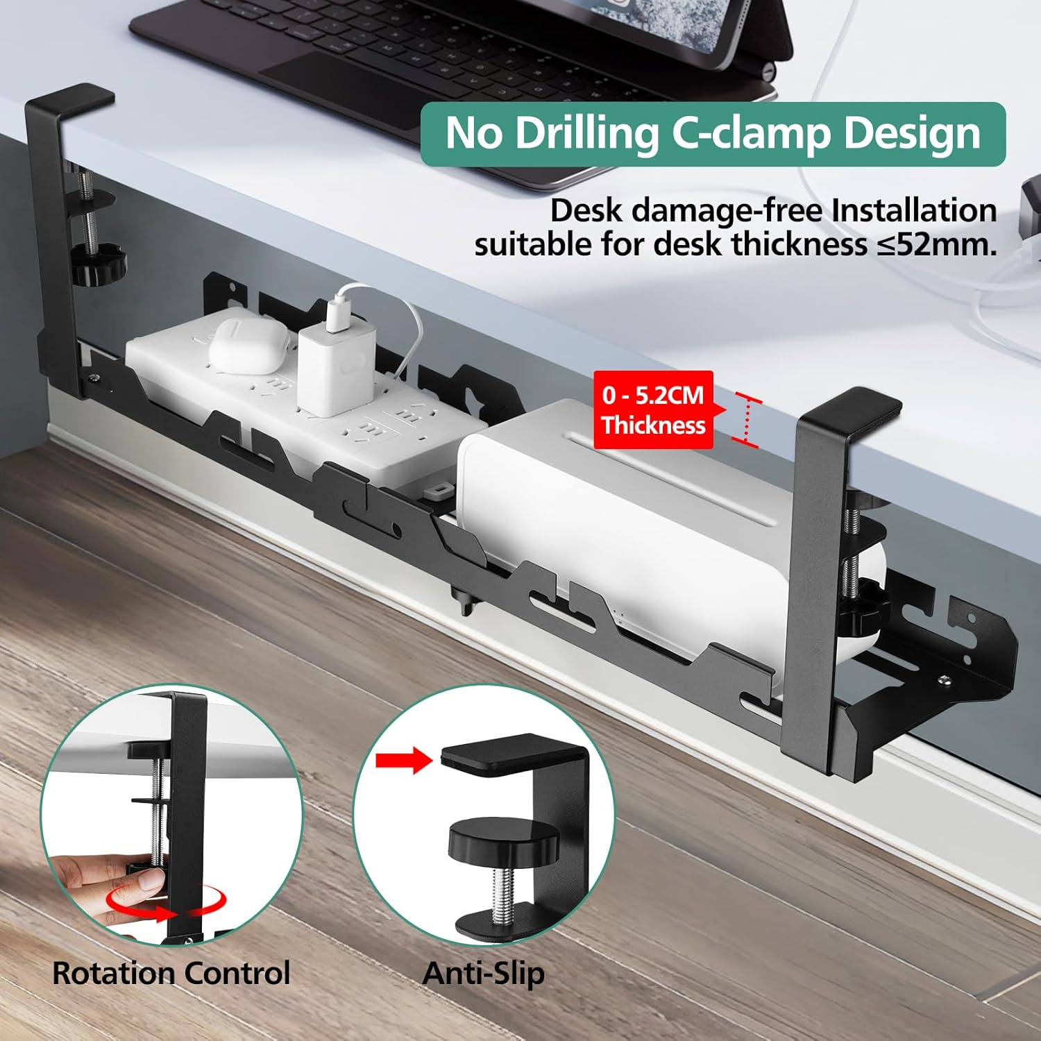 Under Desk Cable Management Tray,45-72Cm Adjustable Length Non-Drill Installation Cord Management for Home Office,Durable Carbon Steel Black image number 6