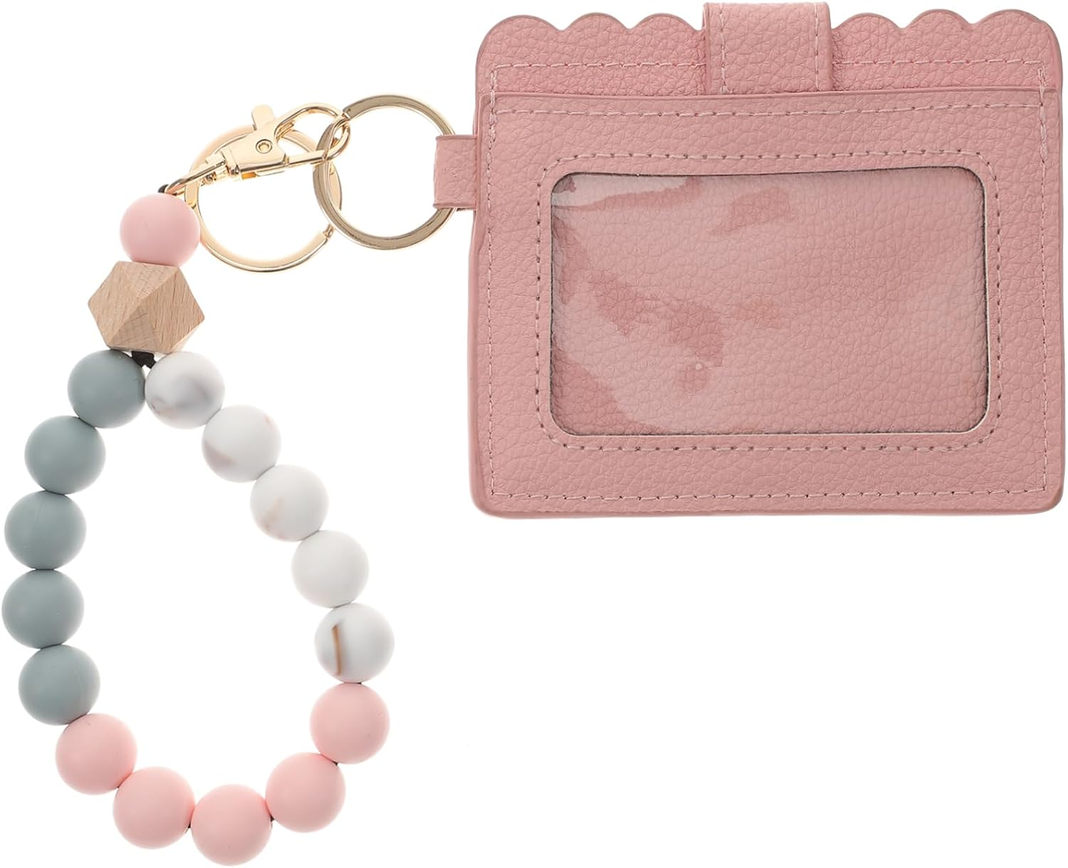 Pink Beaded Bracelet Key Ring Card Pouch Leather Wristlet Coin Pocket Portable Outdoor Keychain for Women image number 3