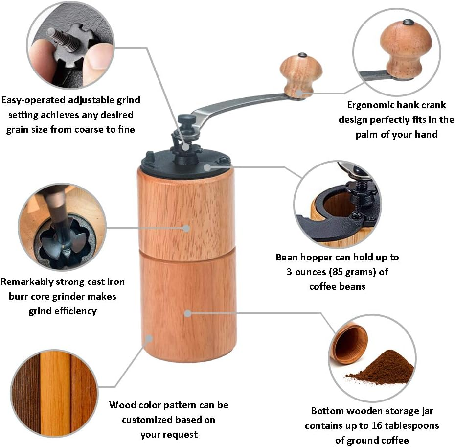 (Brown Wood) - Akirakoki Manual Coffee Bean Grinder Wooden Mill with Cast Iron Burr, Large Capacity Hand Crank, Portable Travel Camping Adjustable (Brown Wood) image number 6