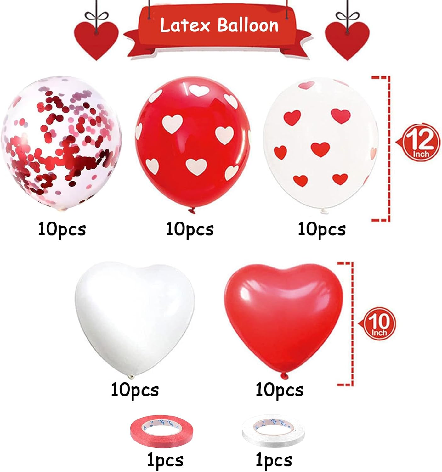 50Pcs Red White Heart Valentines Day Latex Balloons with 2 Ribbons for Romantic Decorations Engagement Wedding Anniversary Birthday Supplies