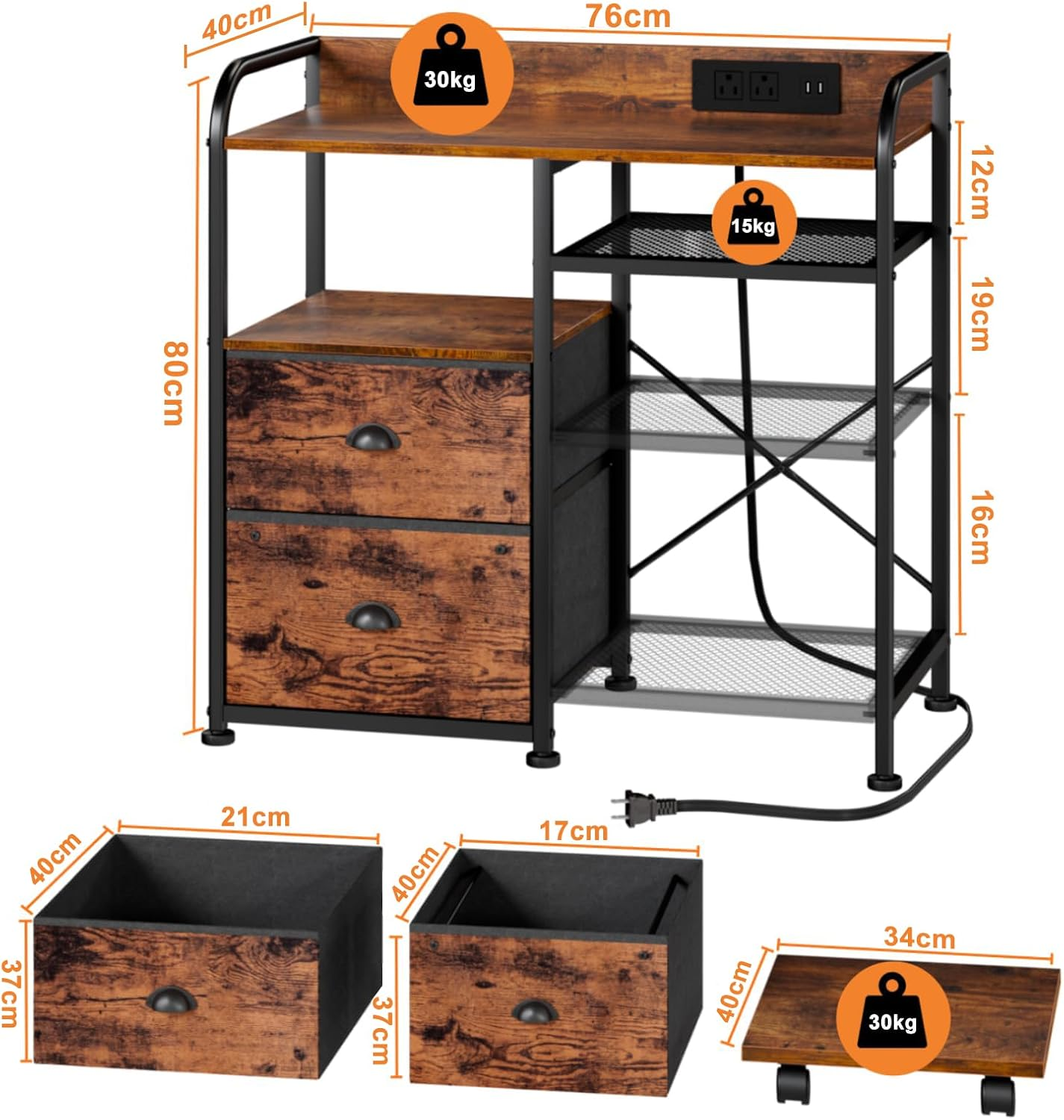 Kisfam Printer Stand with Filing Cabinet, USB Charging Station, 4 Open Shelves, Adjustable Height & Mobile Casters for Office/Home Use image number 5