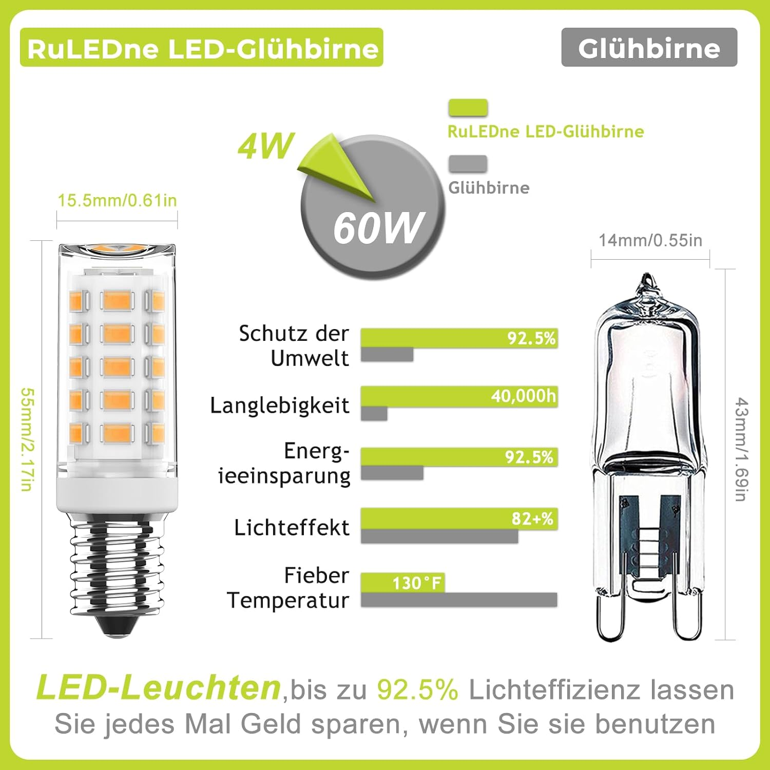 Ruledne E14 LED Bulbs Warm White 2700 K, 4 W Replacement for Halogen Bulb 40 W 50 W, E14 LED Light Bulb AC 230 V Mini Bulb, CRI 85+, No Flickering 520 LM, Not Dimmable, Pack of 10 image number 2