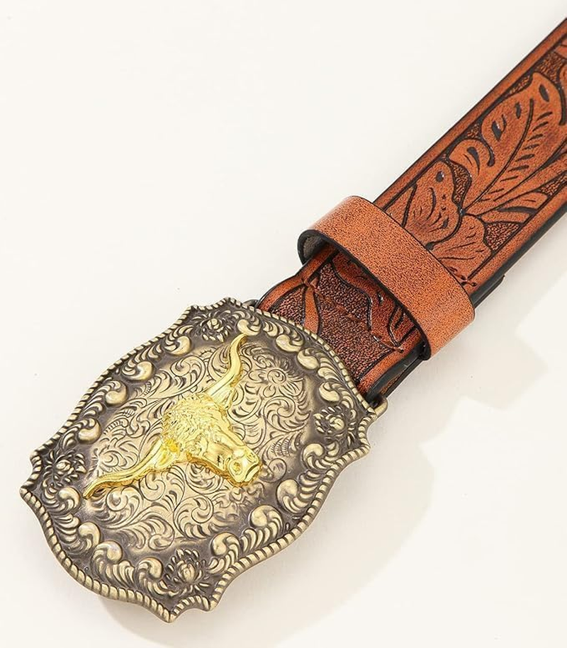 Women Men Western Belts Cowboy Cowgirl Country Belt Longhorn Bull Buckle Floral Embossed Belt for Jeans Dresses 115Cm image number 1