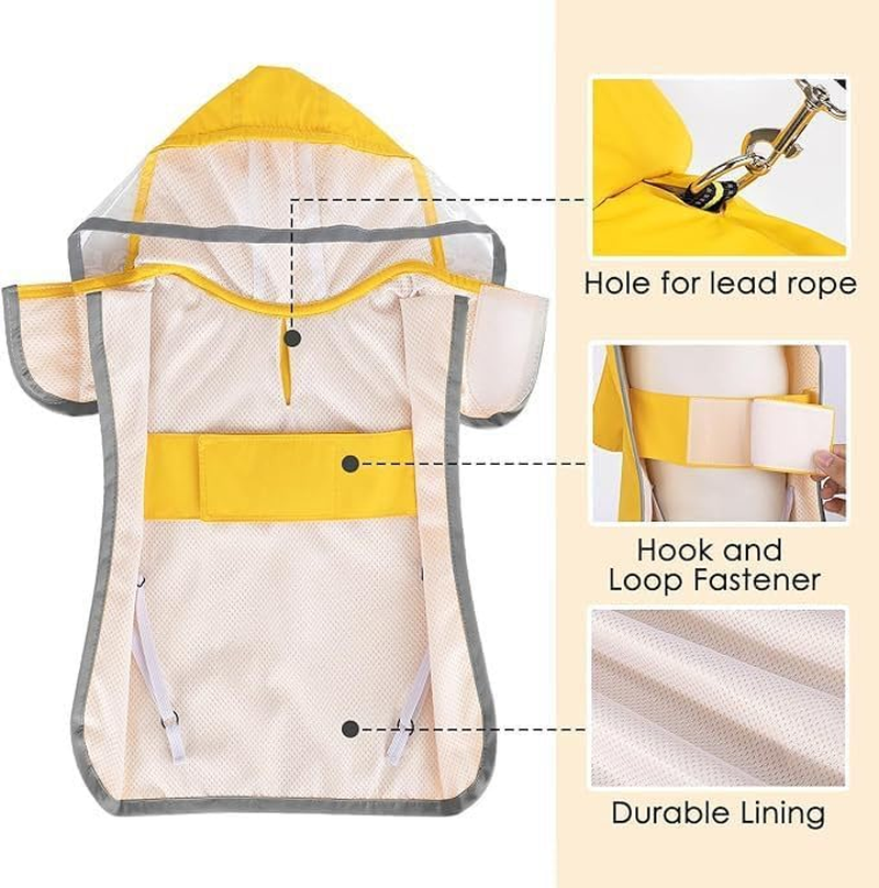 Dog Raincoat with Hood, Waterproof Nylon Shell, Reflective Strips, Yellow, Adjustable with Lead Hole (XL) image number 1